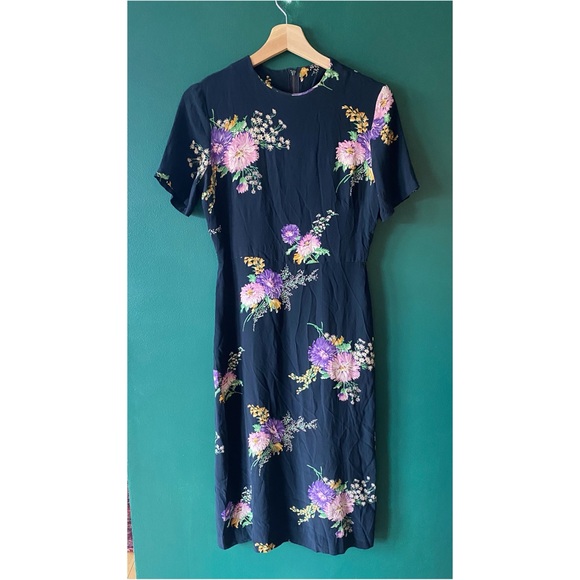 Vintage 40s 50s Rayon Dress Floral Print Navy Blue Small Medium - Picture 1 of 5